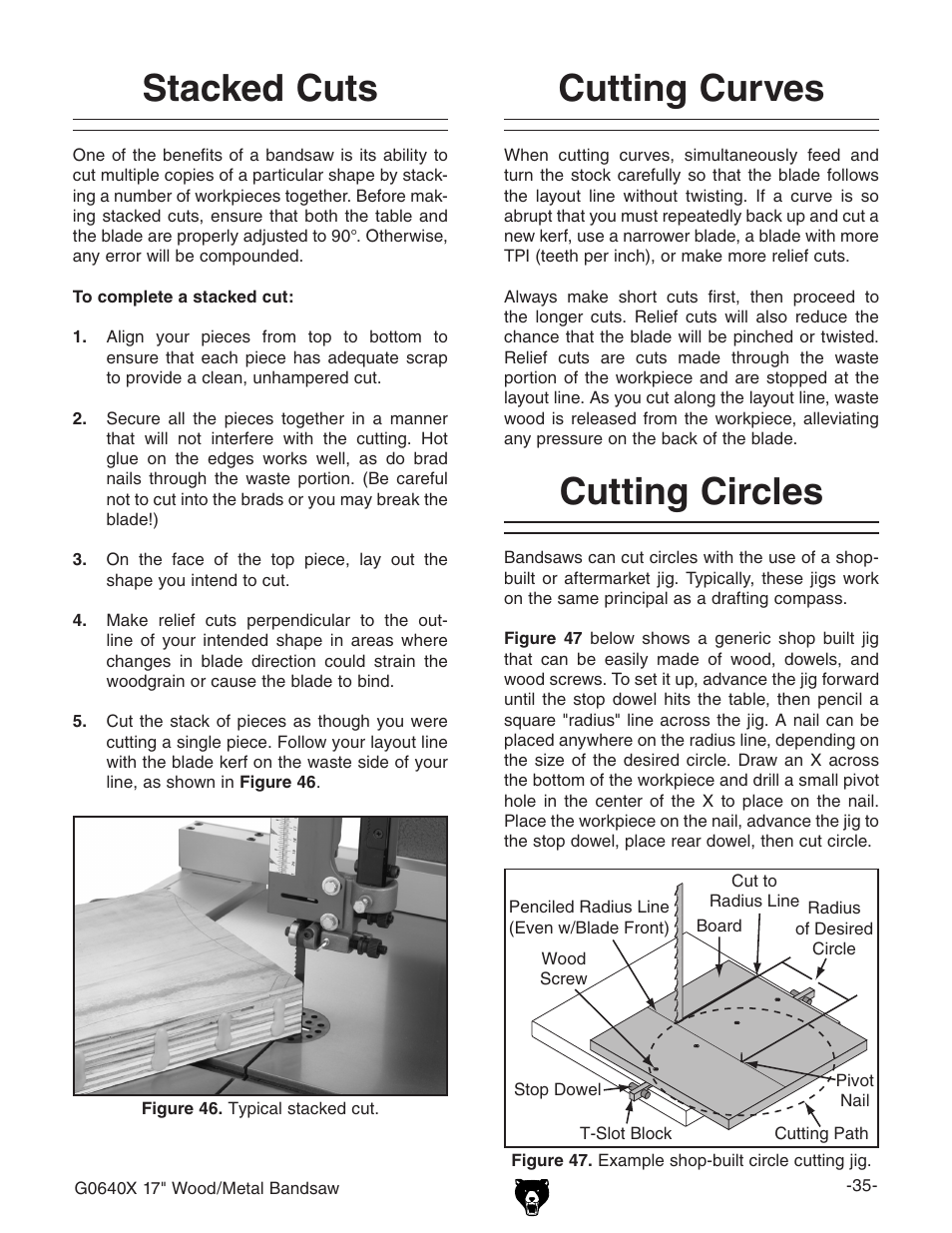 Cutting curves, Stacked cuts, Cutting circles | Grizzly G0640X User Manual | Page 37 / 64