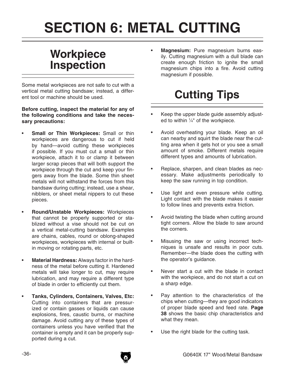 Workpiece inspection, Cutting tips | Grizzly G0640X User Manual | Page 38 / 64