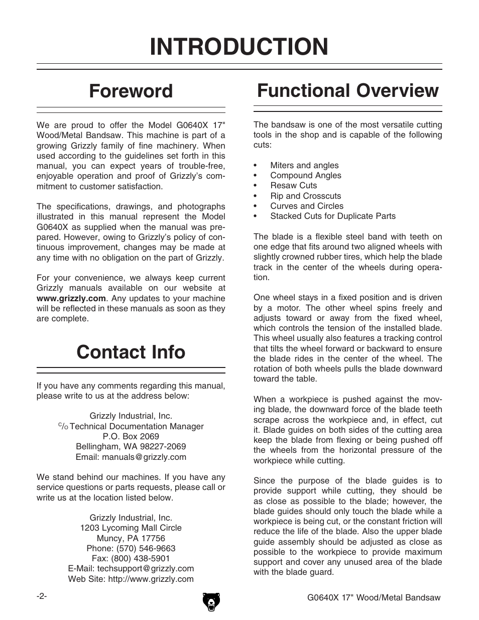 Introduction, Foreword, Contact info | Functional overview | Grizzly G0640X User Manual | Page 4 / 64