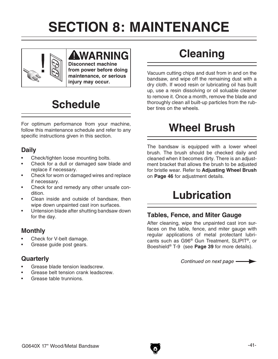 Wheel brush, Cleaning, Lubrication | Schedule | Grizzly G0640X User Manual | Page 43 / 64