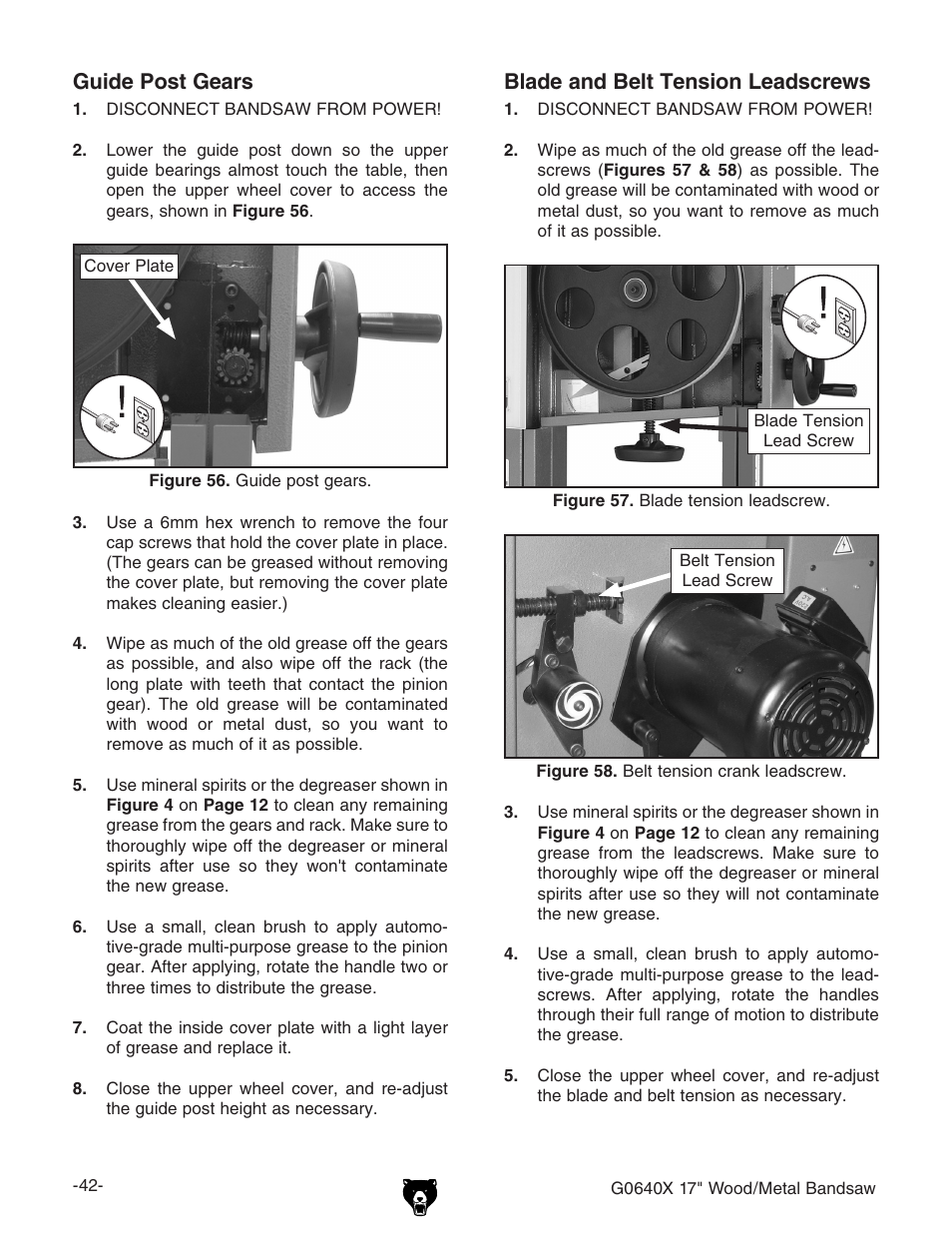 Guide post gears, Blade and belt tension leadscrews | Grizzly G0640X User Manual | Page 44 / 64
