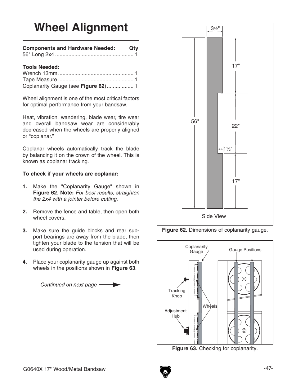 Wheel alignment | Grizzly G0640X User Manual | Page 49 / 64