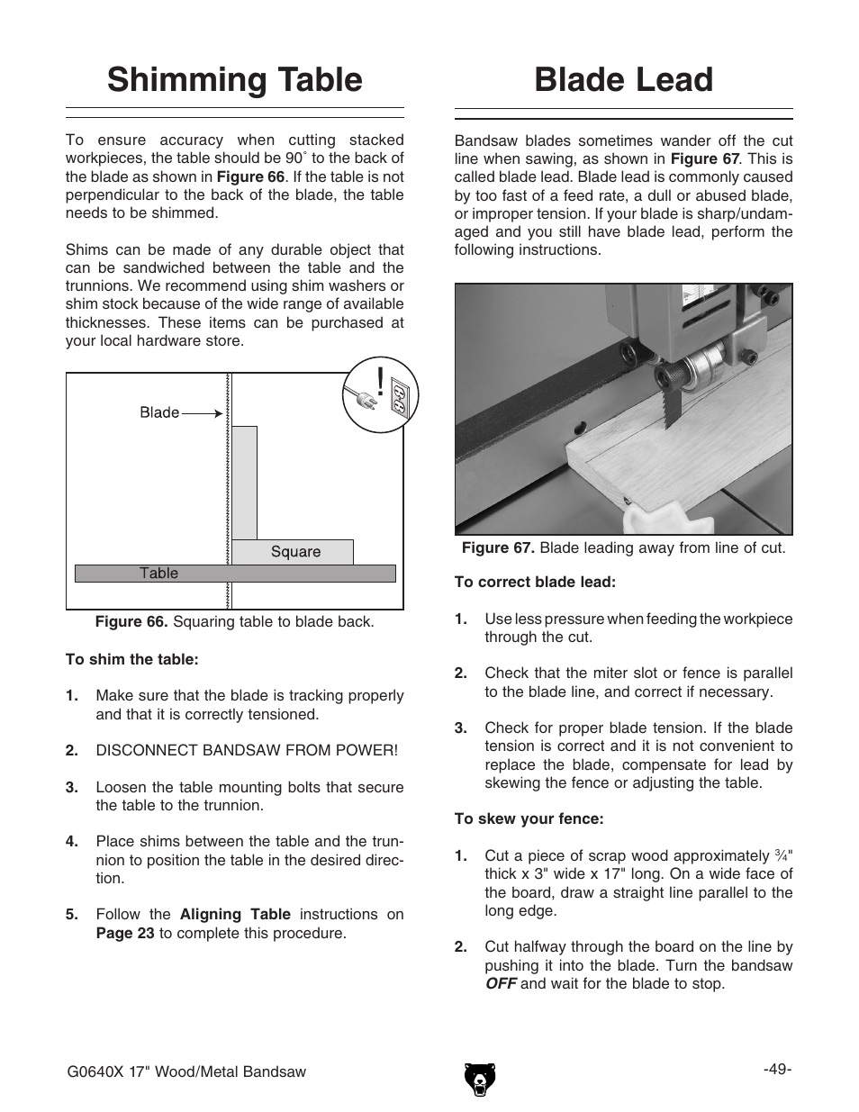 Shimming table blade lead | Grizzly G0640X User Manual | Page 51 / 64