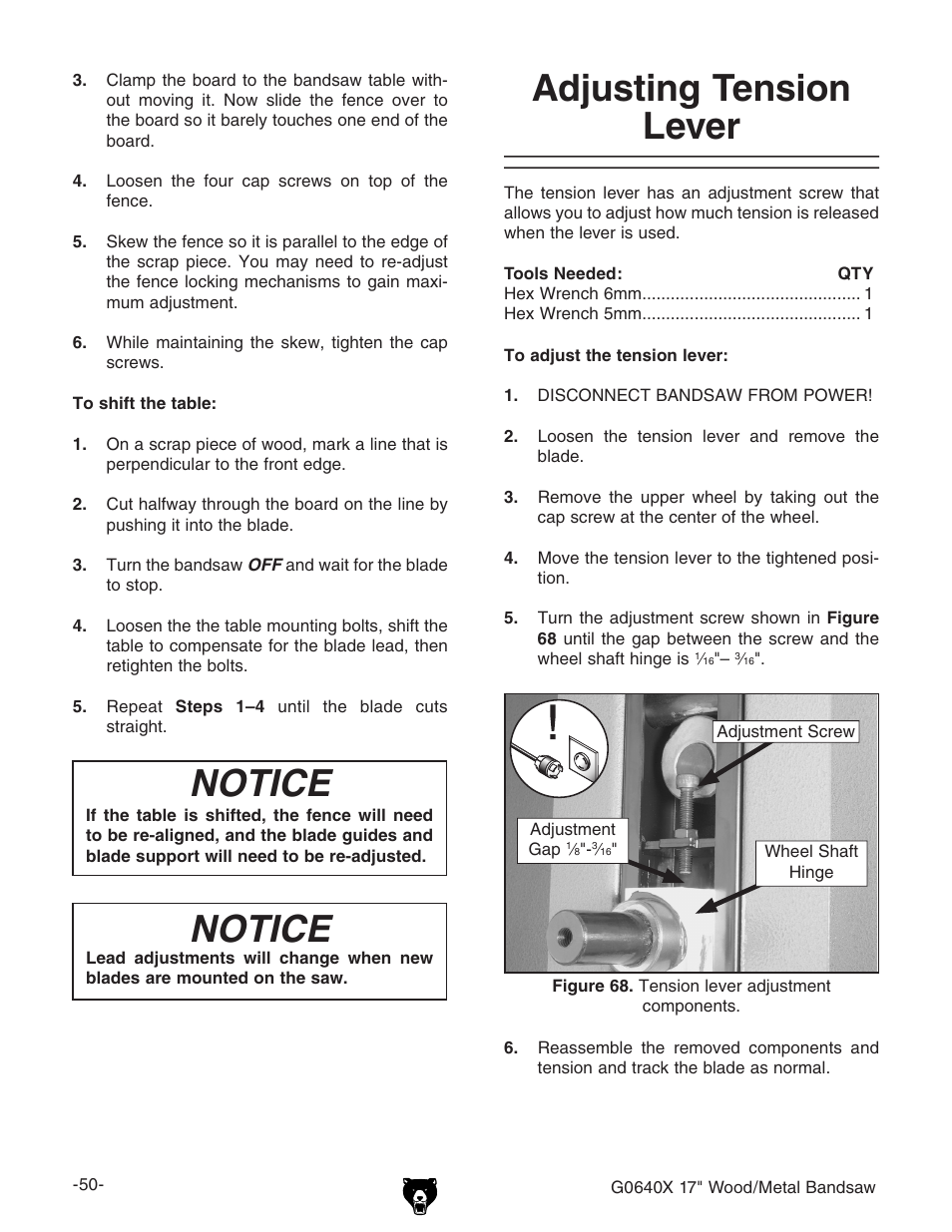 Notice, Adjusting tension lever | Grizzly G0640X User Manual | Page 52 / 64