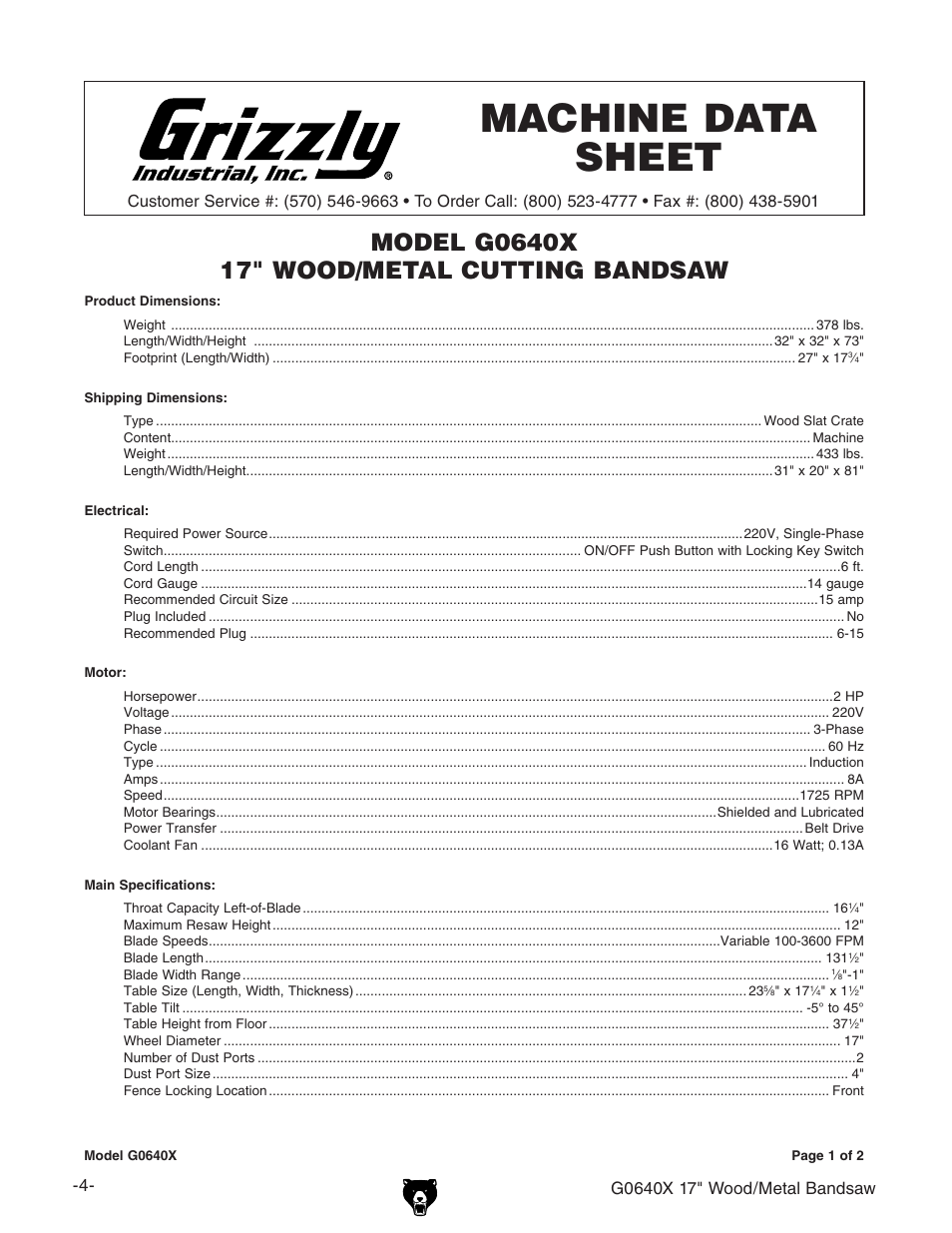 Machine data sheet | Grizzly G0640X User Manual | Page 6 / 64