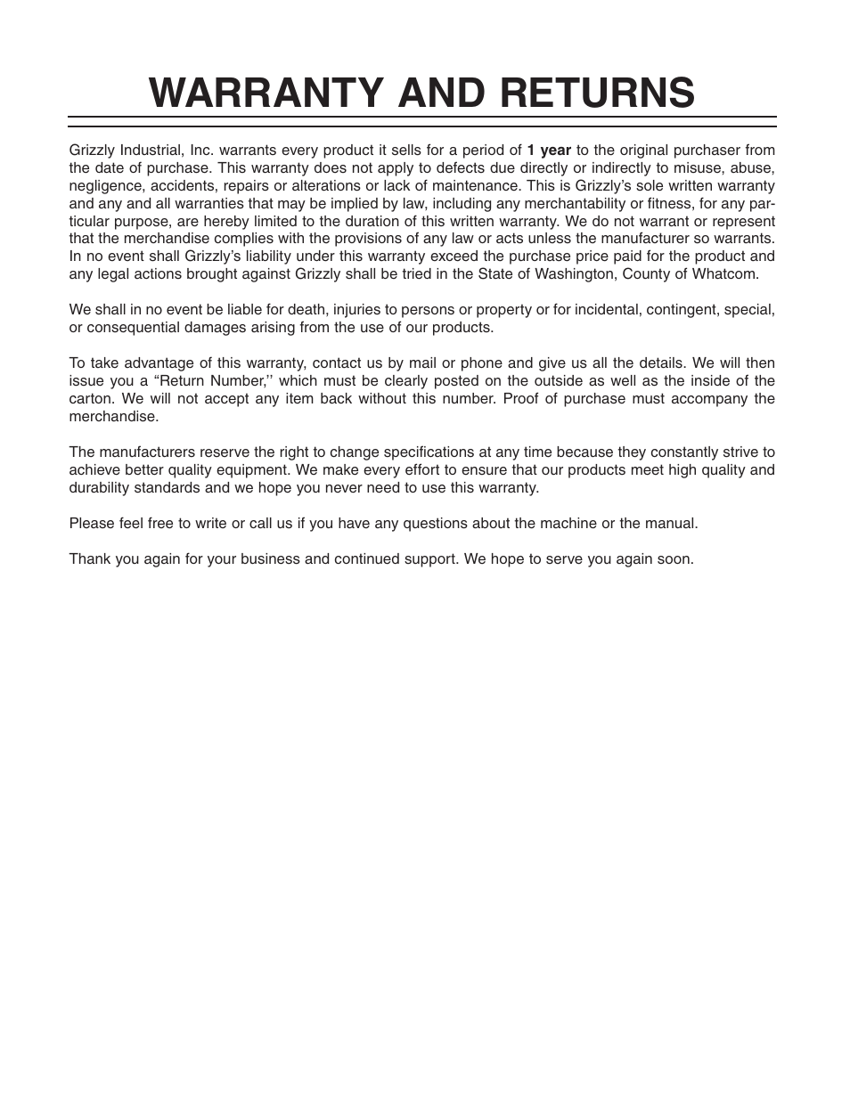 Warranty and returns | Grizzly G0640X User Manual | Page 63 / 64