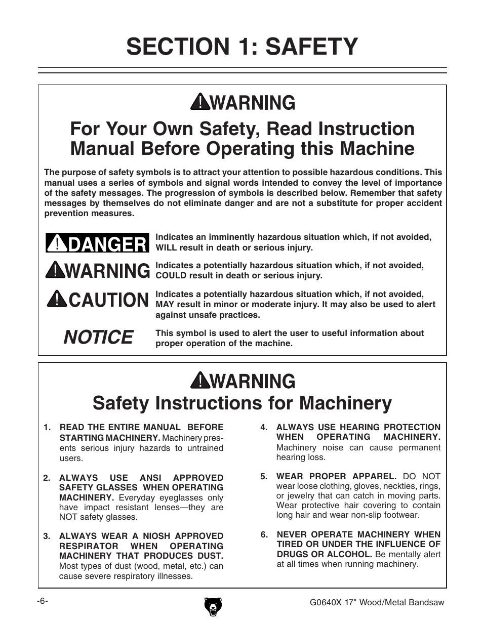 Safety instructions for machinery | Grizzly G0640X User Manual | Page 8 / 64