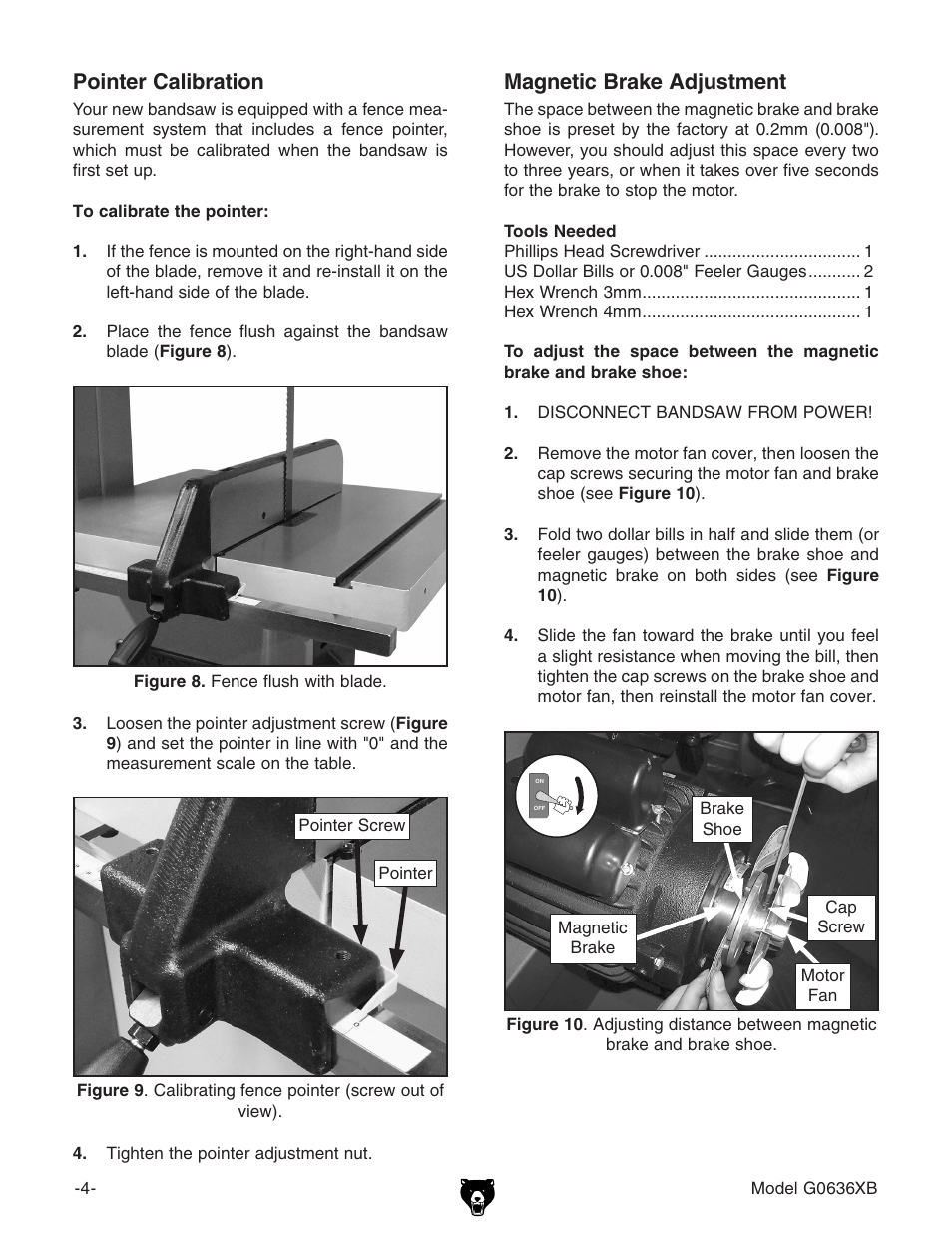 Pointer calibration, Magnetic brake adjustment | Grizzly G0636XB User Manual | Page 4 / 16