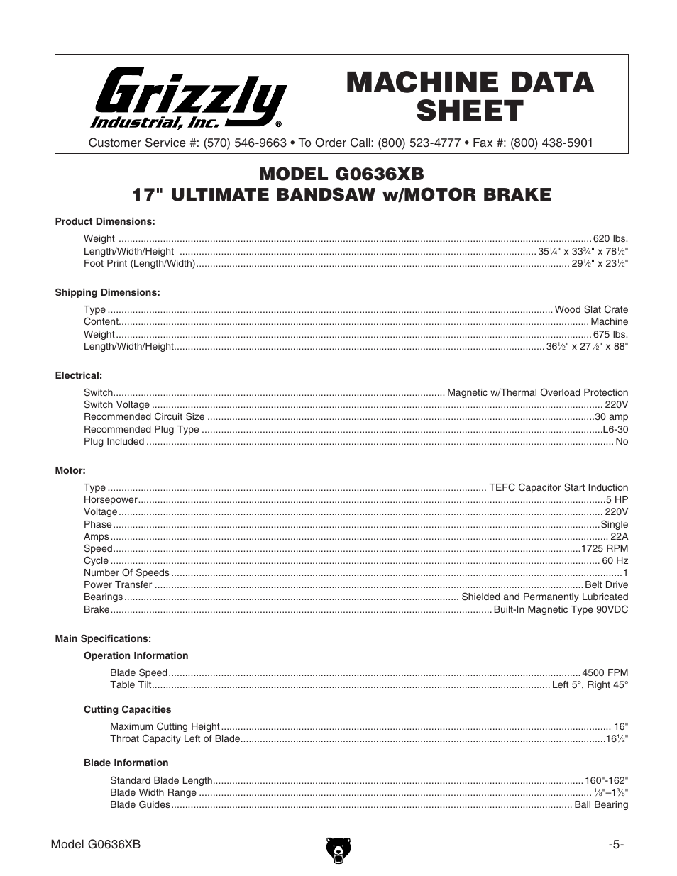 Machine data sheet | Grizzly G0636XB User Manual | Page 5 / 16