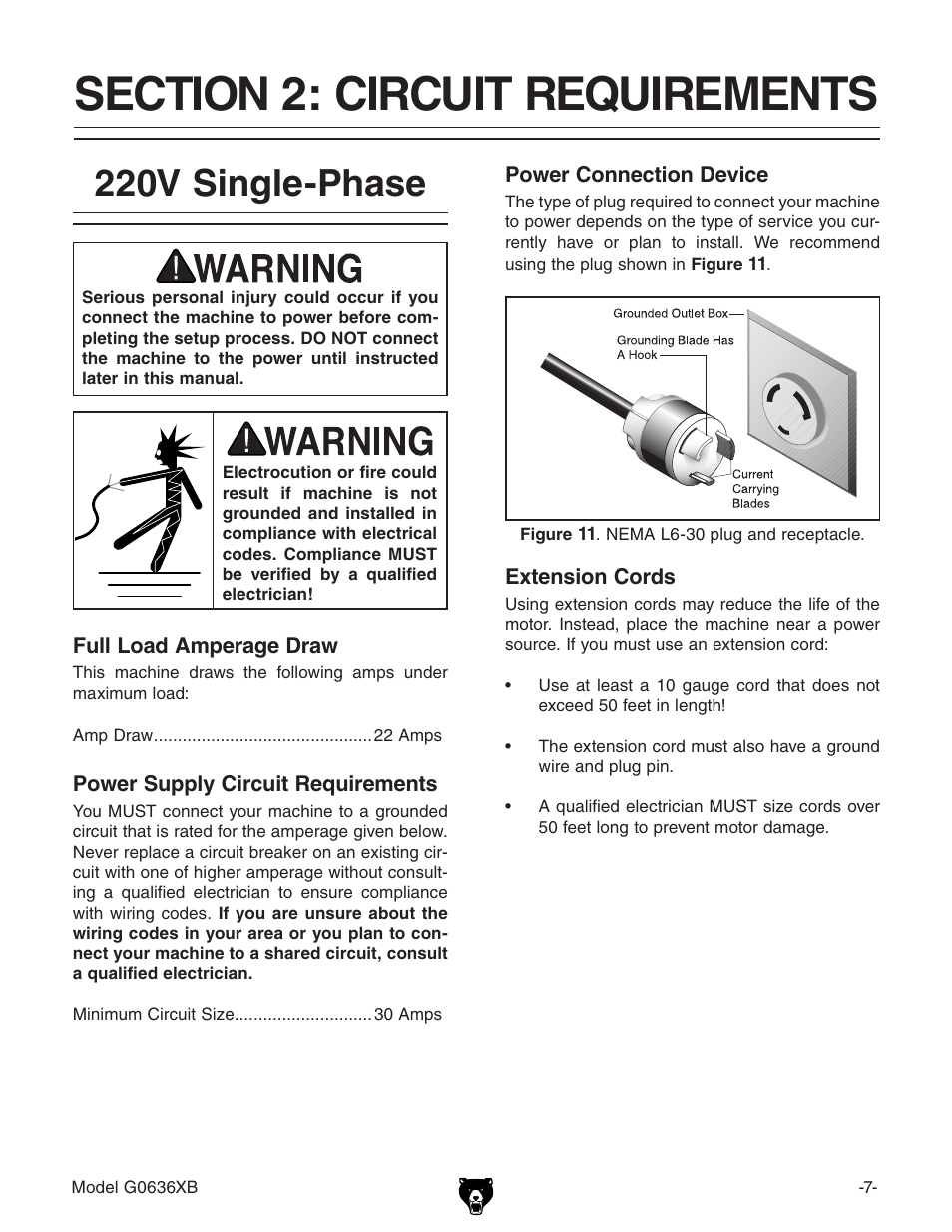 220v single-phase | Grizzly G0636XB User Manual | Page 7 / 16