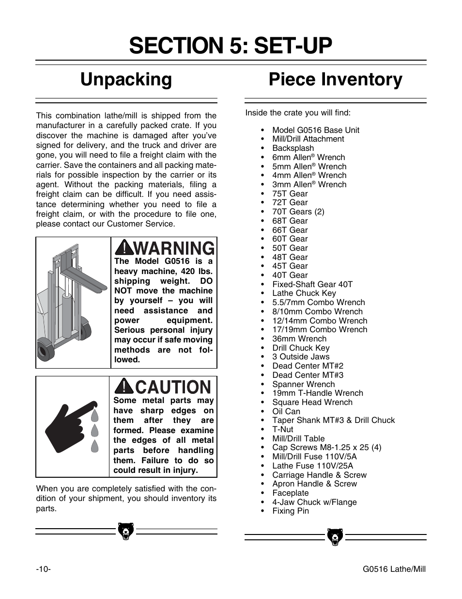 Unpacking, Piece inventory | Grizzly G0516 User Manual | Page 12 / 72