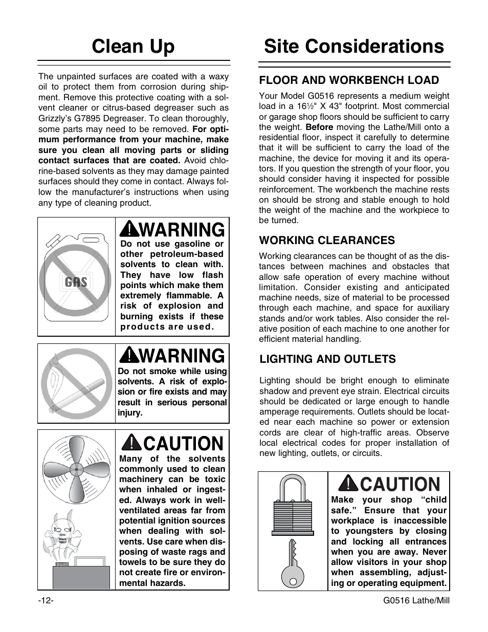 Site considerations, Clean up | Grizzly G0516 User Manual | Page 14 / 72