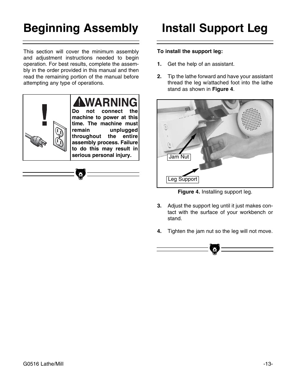 Beginning assembly install support leg | Grizzly G0516 User Manual | Page 15 / 72