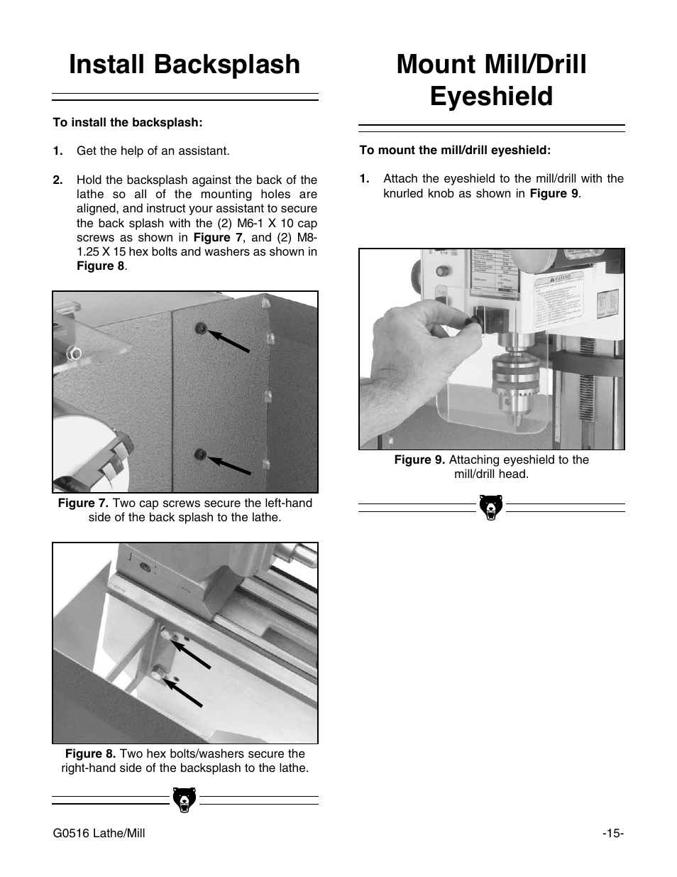 Install backsplash mount mill/drill eyeshield | Grizzly G0516 User Manual | Page 17 / 72