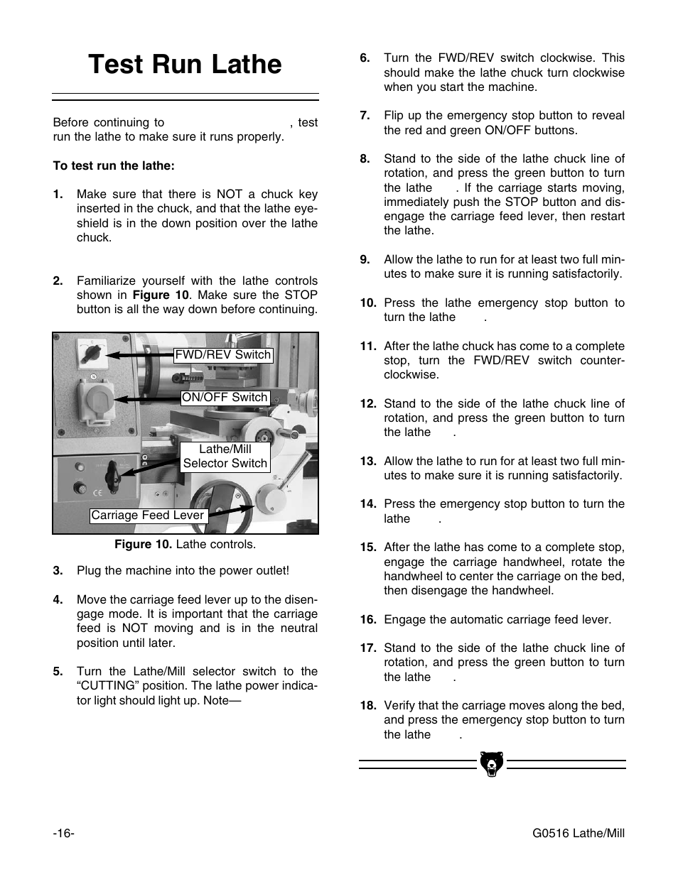 Test run lathe | Grizzly G0516 User Manual | Page 18 / 72