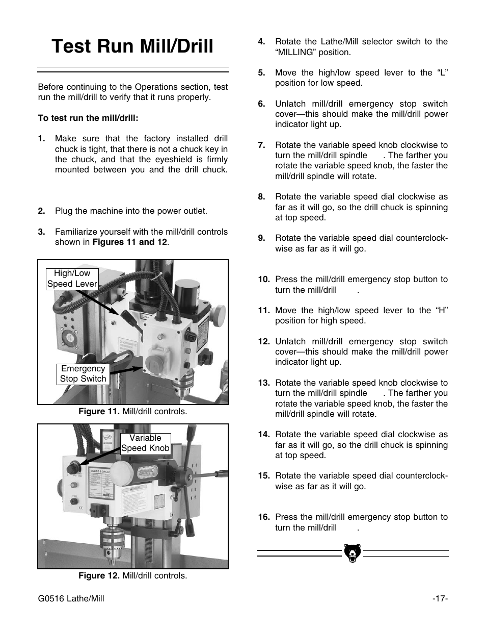 Test run mill/drill | Grizzly G0516 User Manual | Page 19 / 72