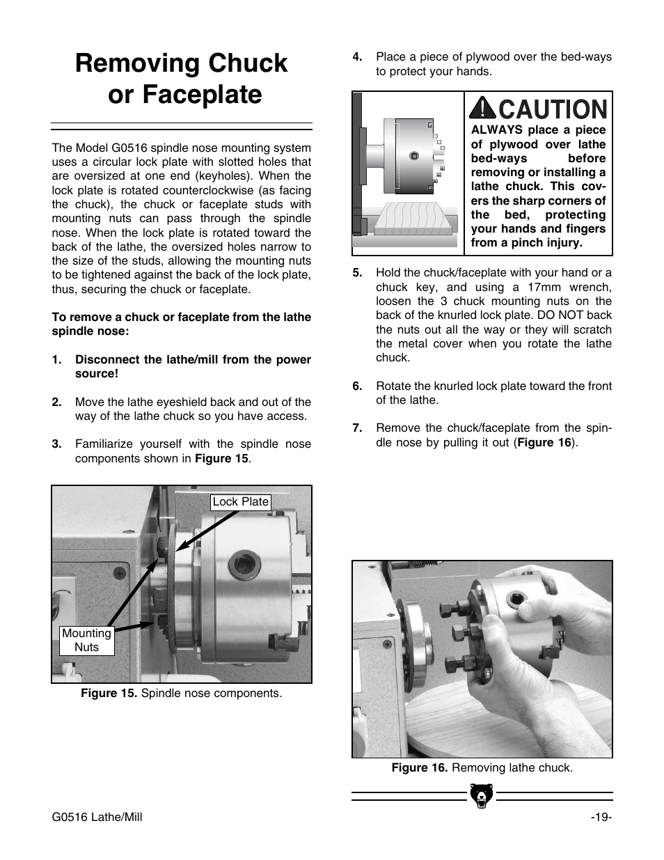 Removing chuck or faceplate | Grizzly G0516 User Manual | Page 21 / 72