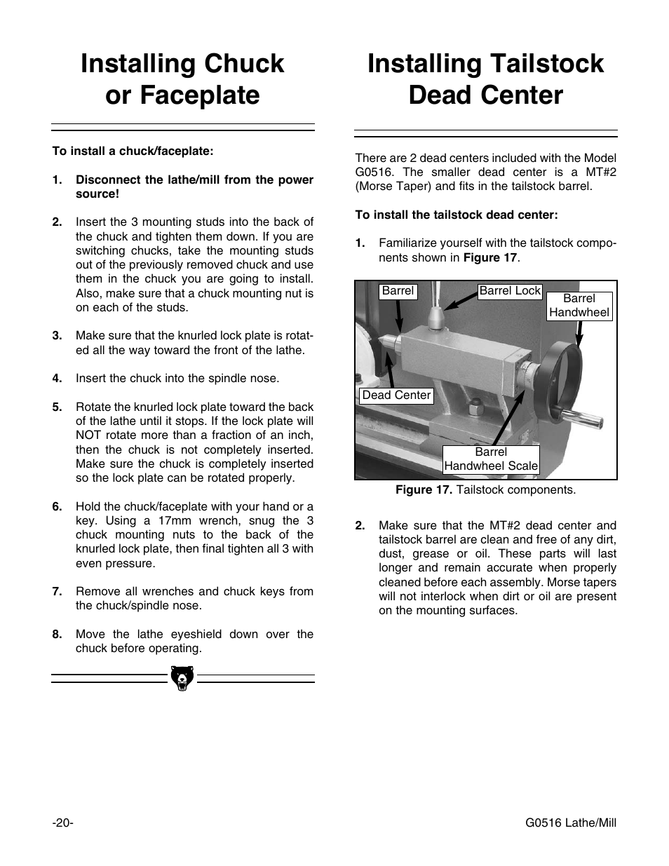 Installing chuck or faceplate, Installing tailstock dead center | Grizzly G0516 User Manual | Page 22 / 72