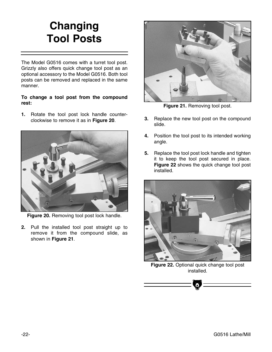 Changing tool posts | Grizzly G0516 User Manual | Page 24 / 72