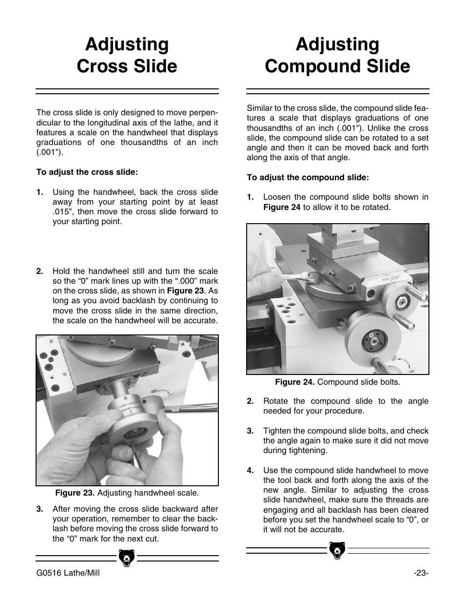 Adjusting compound slide, Adjusting cross slide | Grizzly G0516 User Manual | Page 25 / 72