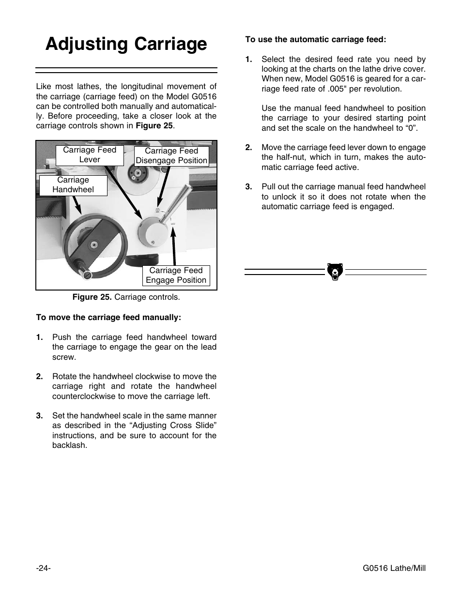Adjusting carriage | Grizzly G0516 User Manual | Page 26 / 72