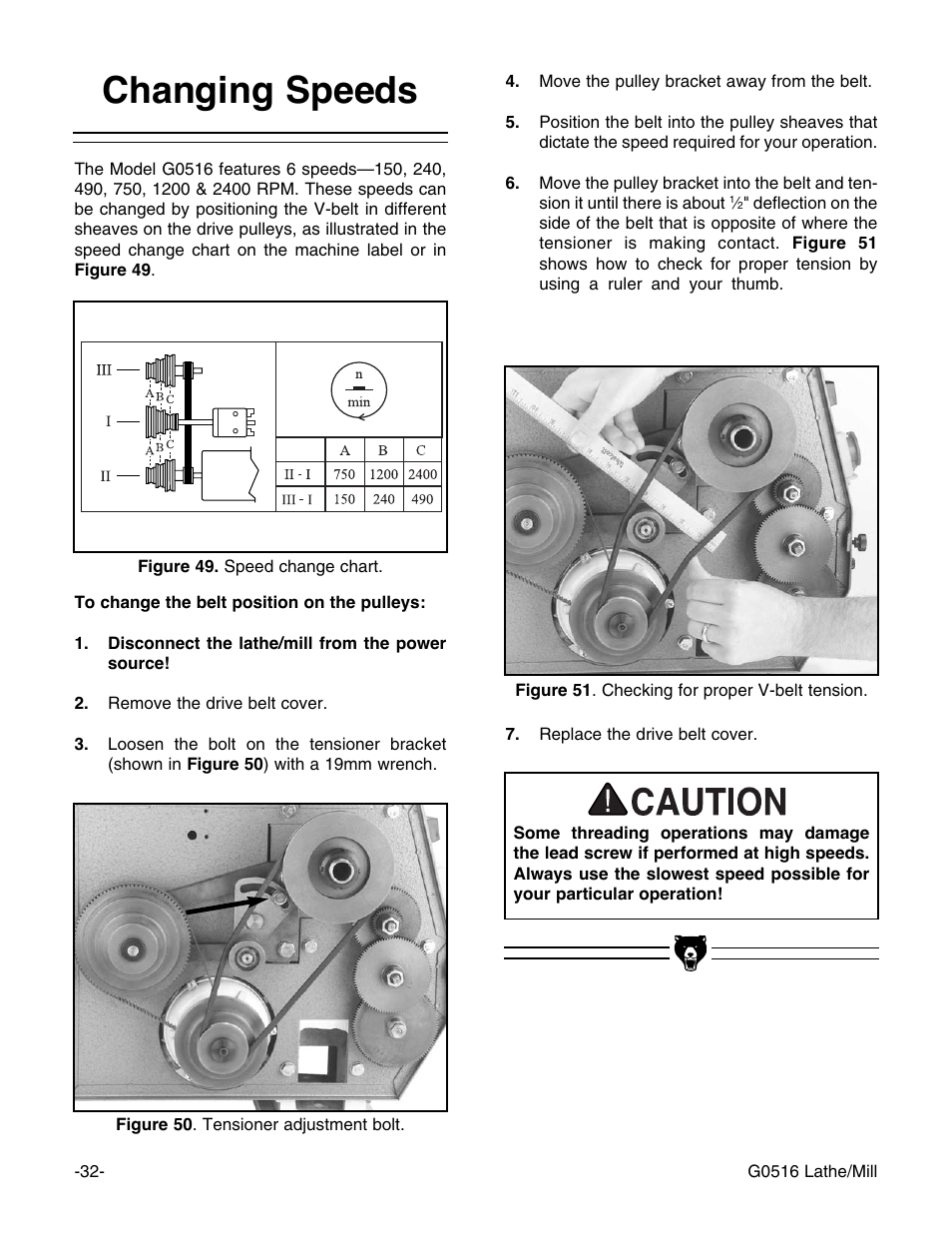 Changing speeds | Grizzly G0516 User Manual | Page 34 / 72