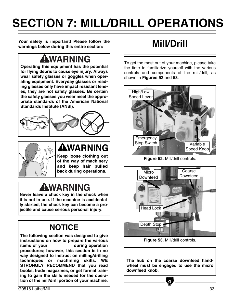 Mill/drill, Notice | Grizzly G0516 User Manual | Page 35 / 72