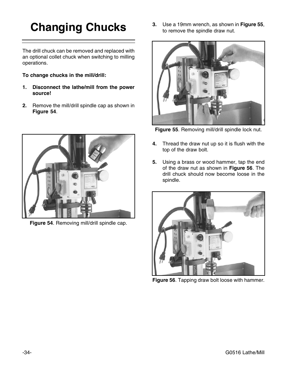 Changing chucks | Grizzly G0516 User Manual | Page 36 / 72