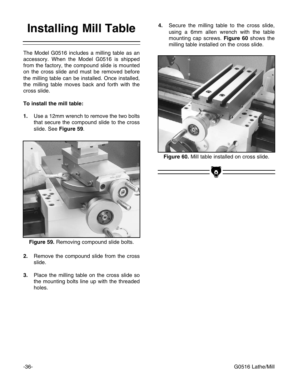 Installing mill table | Grizzly G0516 User Manual | Page 38 / 72