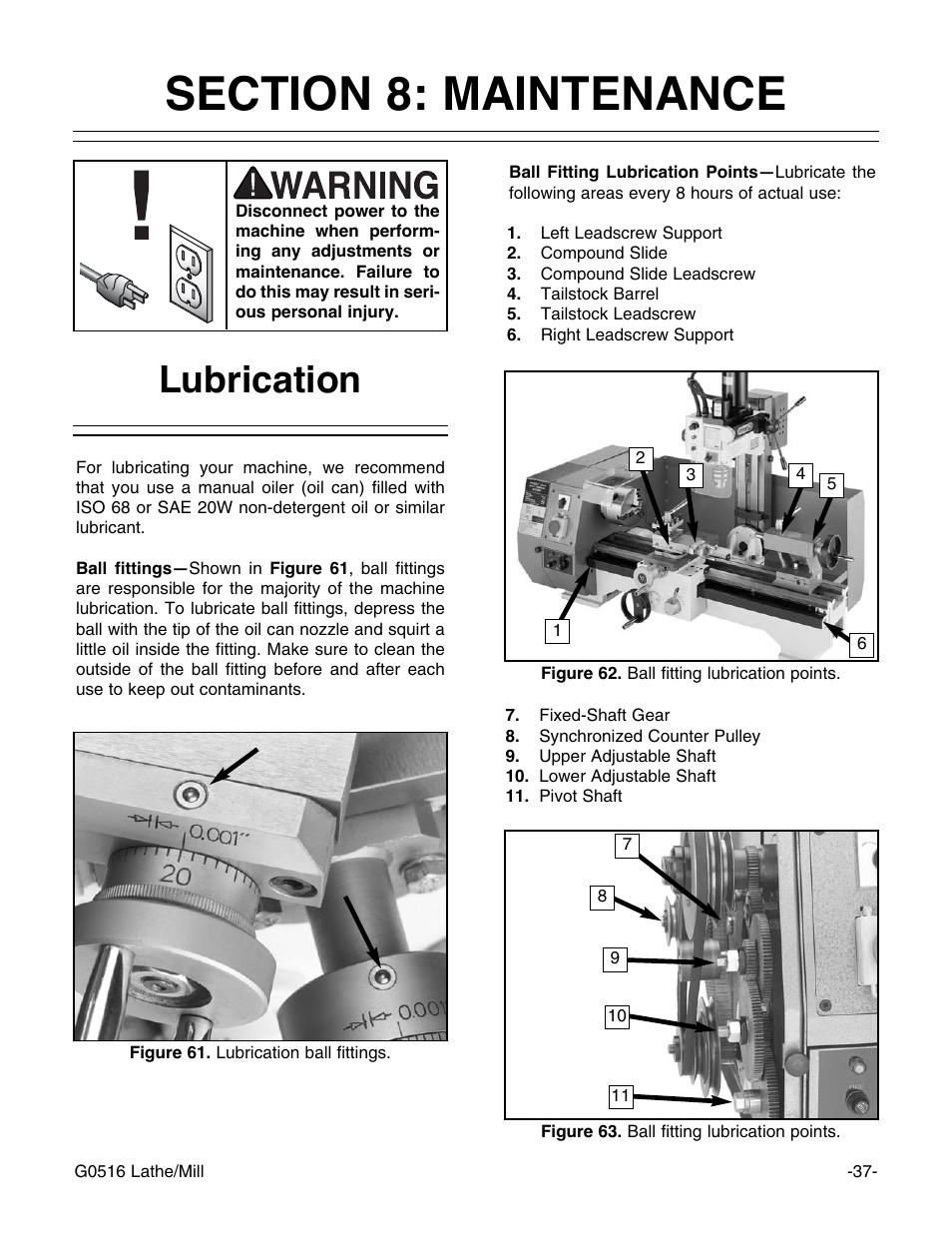 Lubrication | Grizzly G0516 User Manual | Page 39 / 72