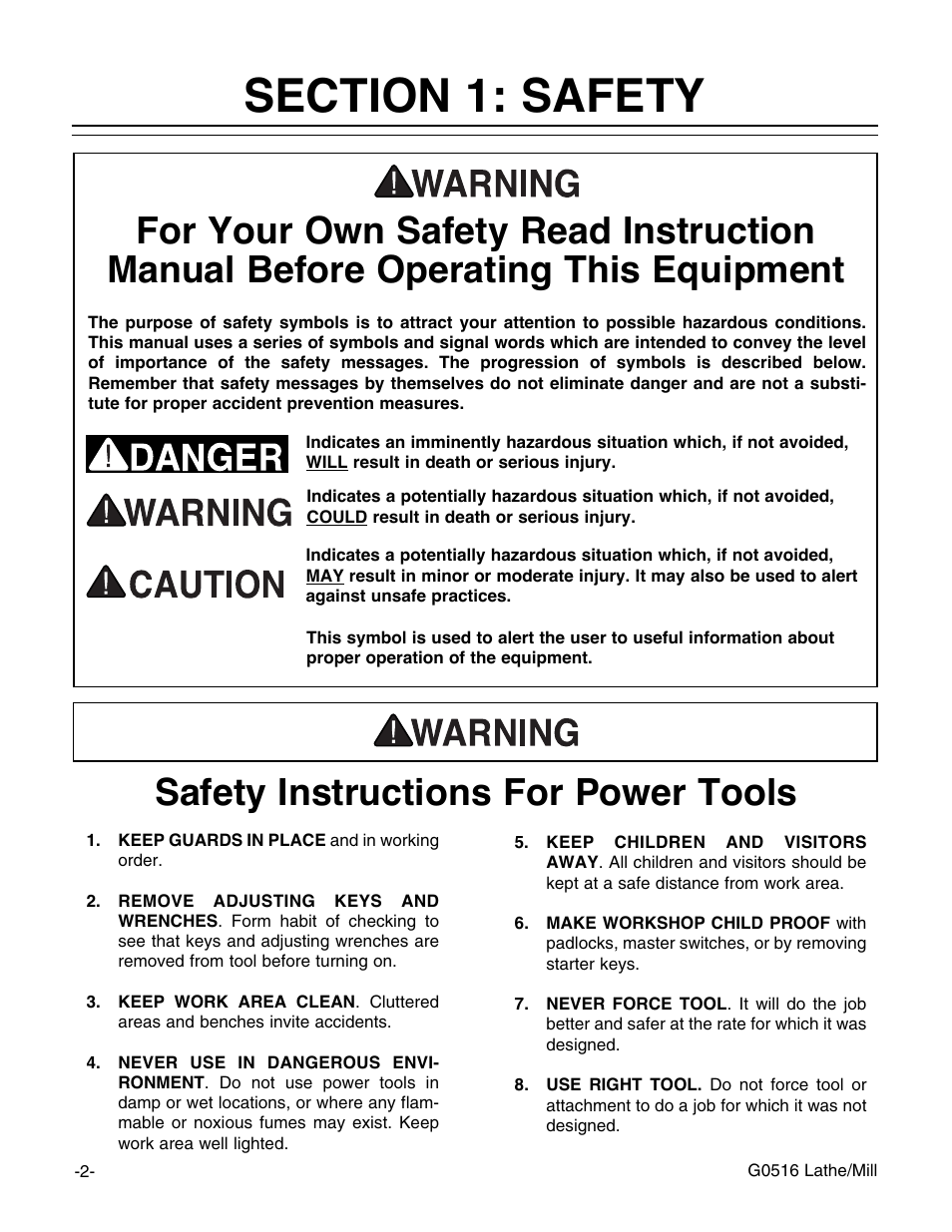 Safety instructions for power tools, Notice | Grizzly G0516 User Manual | Page 4 / 72