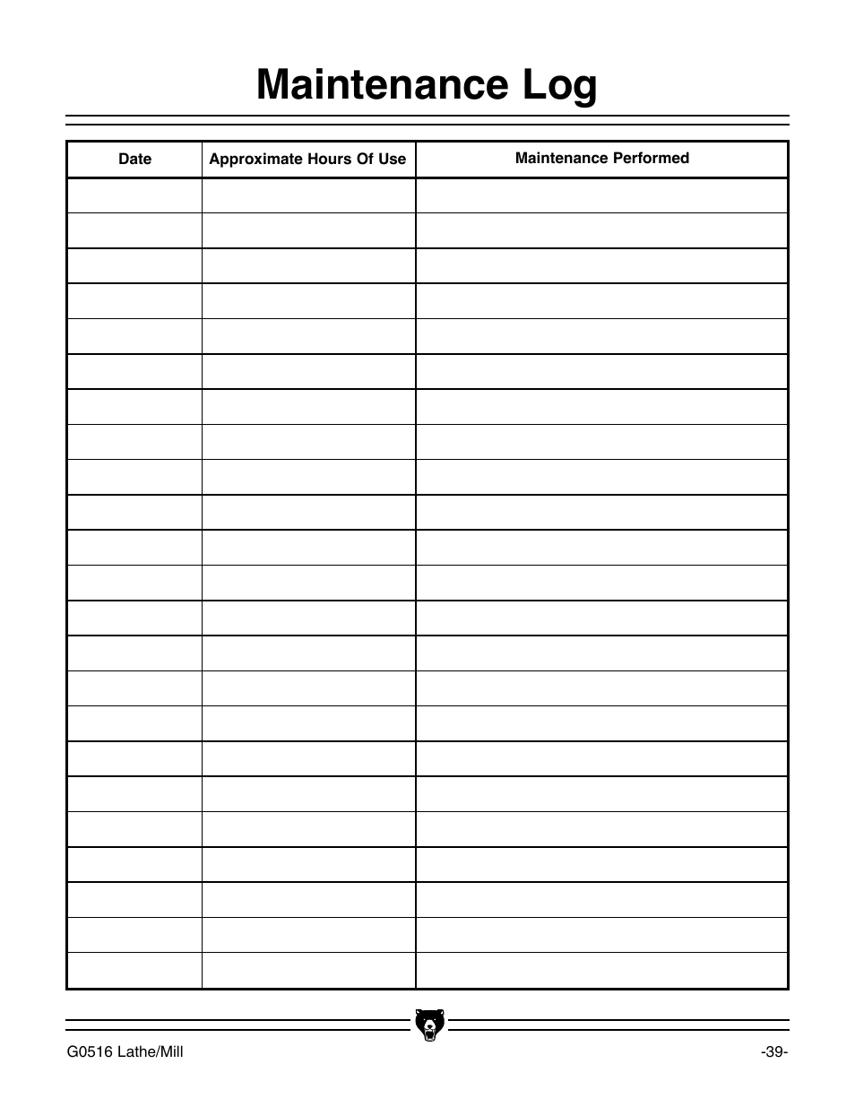 Maintenance log | Grizzly G0516 User Manual | Page 41 / 72