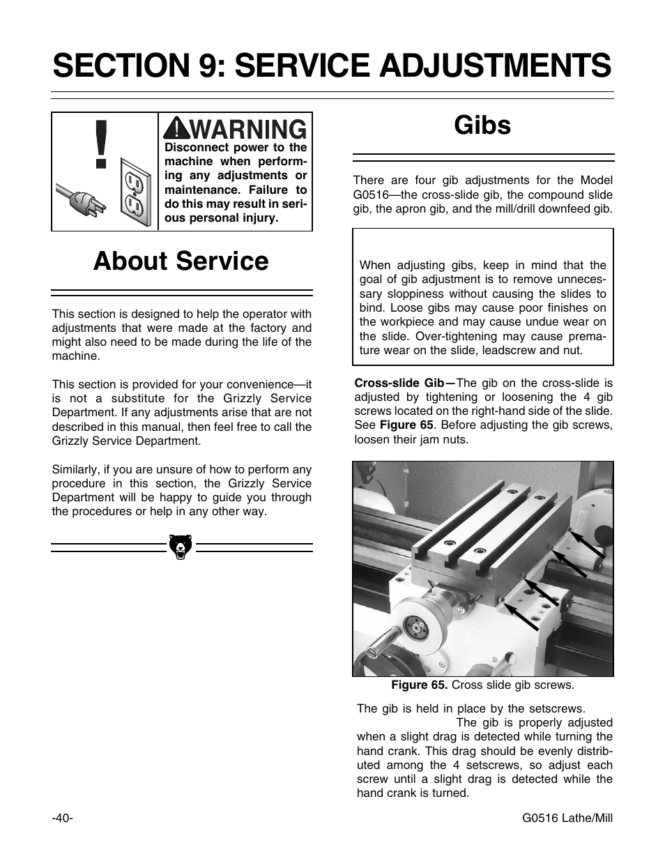 Notice, About service, Gibs | Grizzly G0516 User Manual | Page 42 / 72