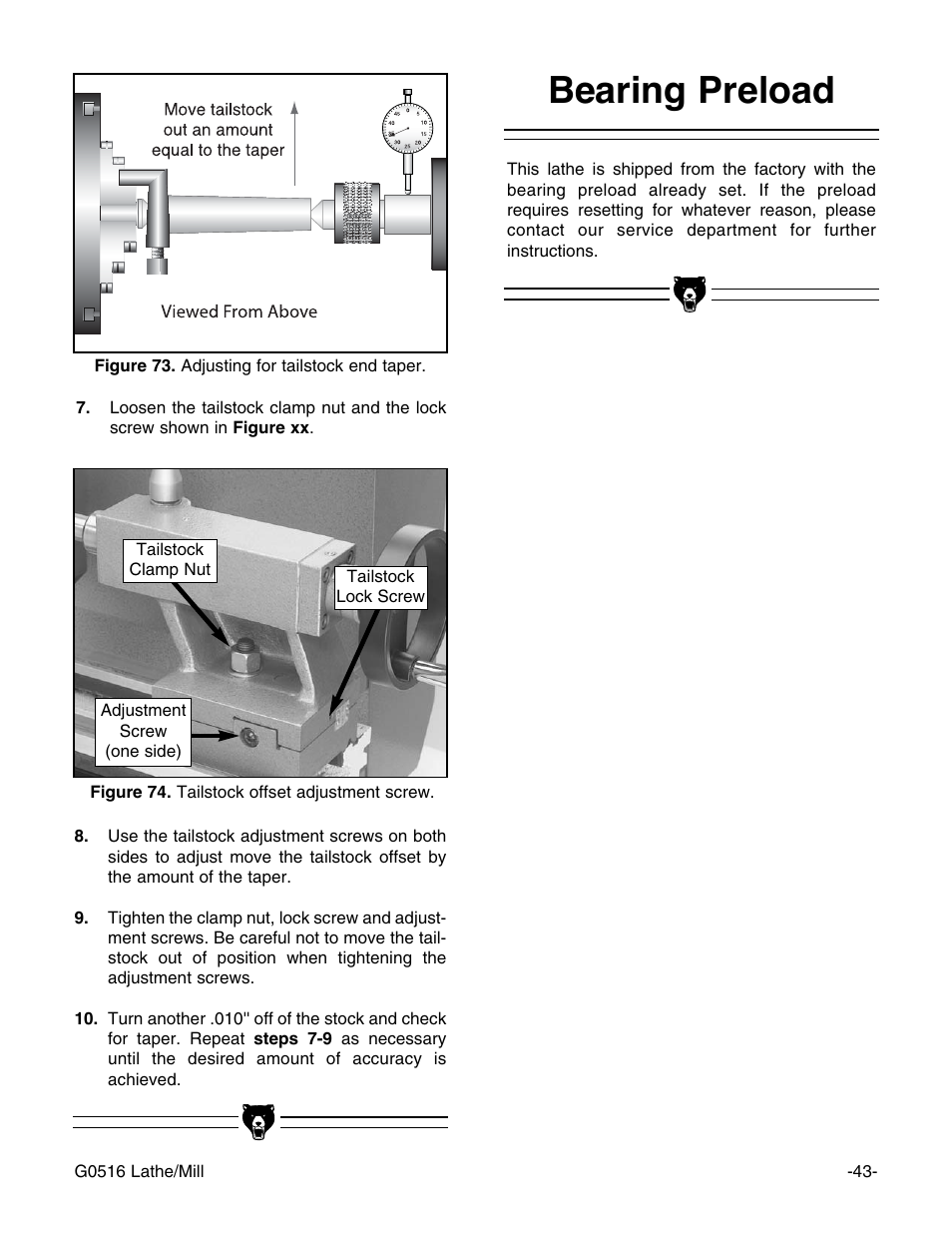 Bearing preload | Grizzly G0516 User Manual | Page 45 / 72