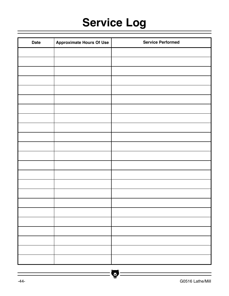 Service log | Grizzly G0516 User Manual | Page 46 / 72