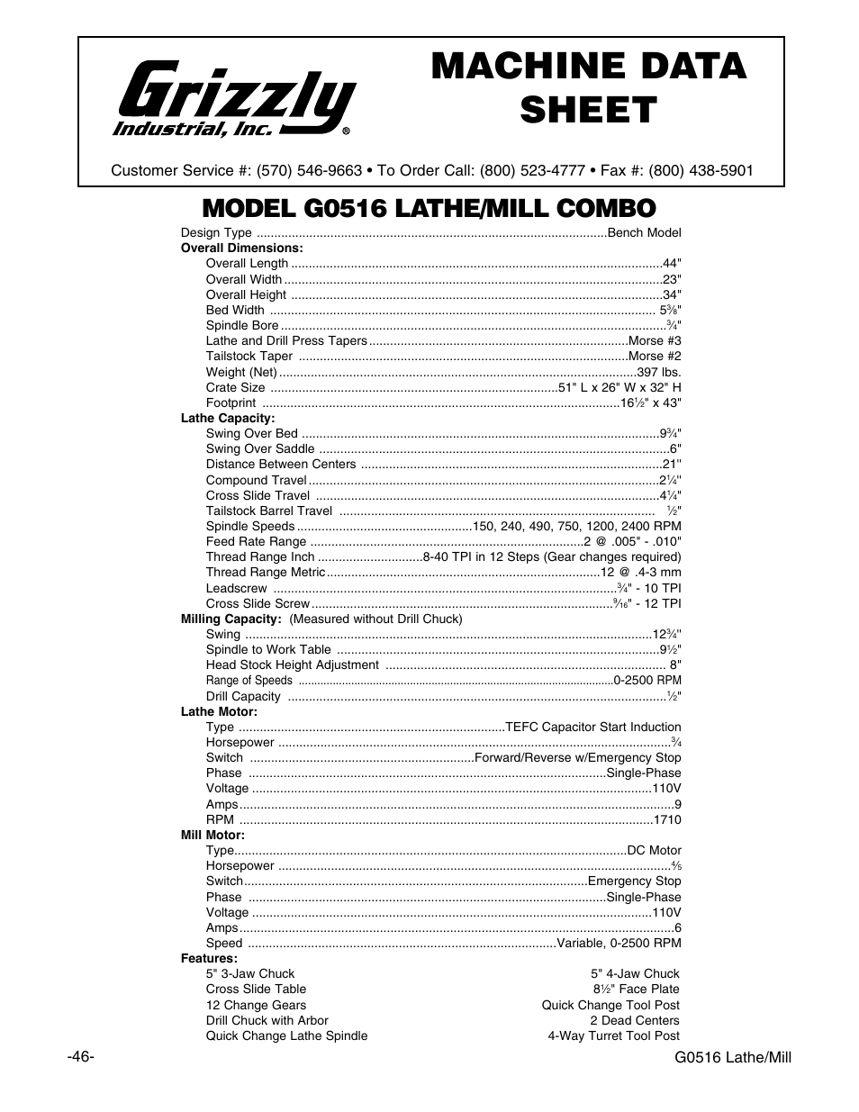 Machine data sheet, Model g0516 lathe/mill combo, G0516 lathe/mill | Grizzly G0516 User Manual | Page 48 / 72