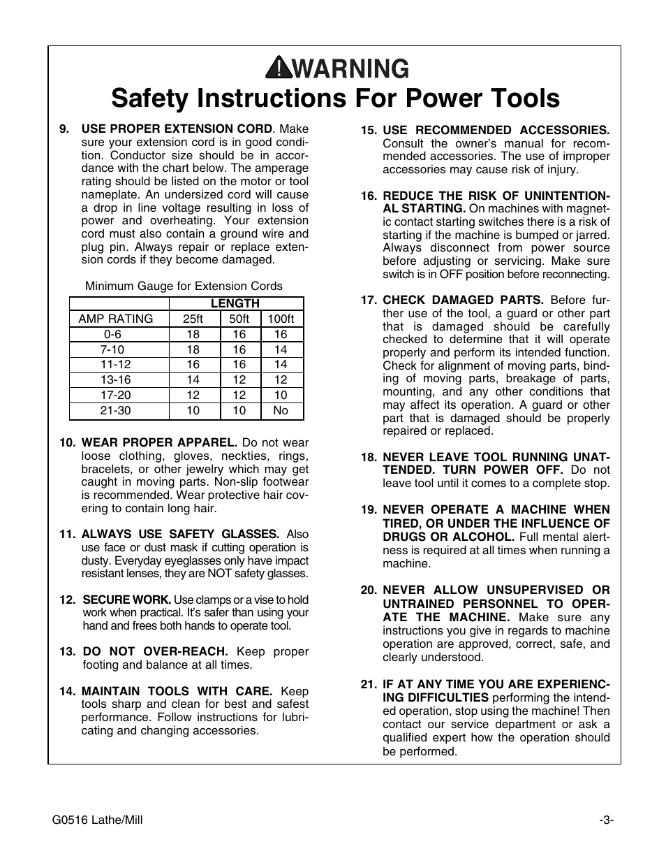 Safety instructions for power tools | Grizzly G0516 User Manual | Page 5 / 72