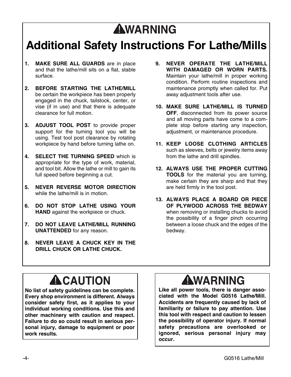 Additional safety instructions for lathe/mills | Grizzly G0516 User Manual | Page 6 / 72