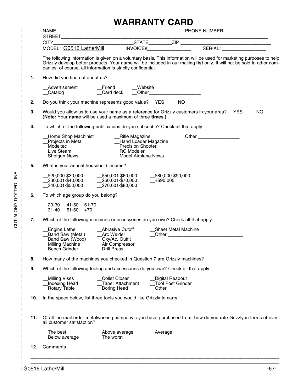Warranty card | Grizzly G0516 User Manual | Page 69 / 72