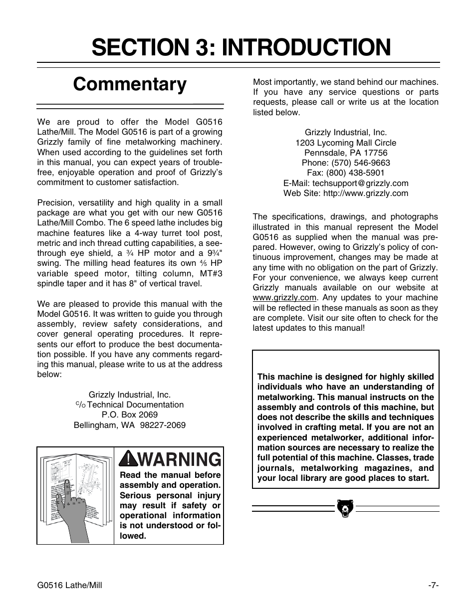 Commentary, Notice | Grizzly G0516 User Manual | Page 9 / 72