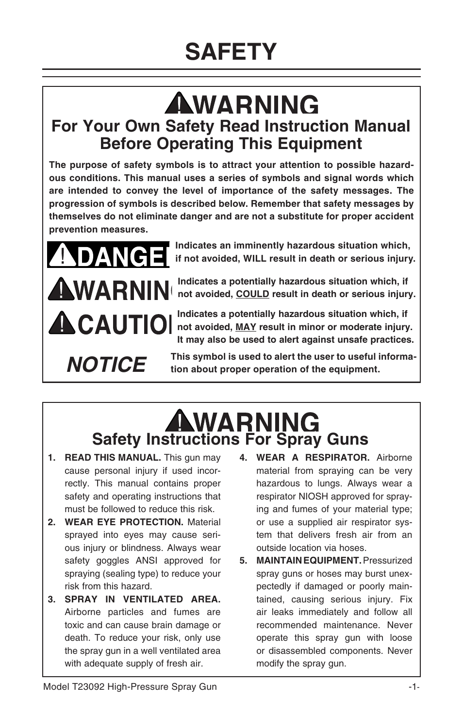 Safety, Notice, Safety instructions for spray guns | Grizzly T23092 User Manual | Page 2 / 16