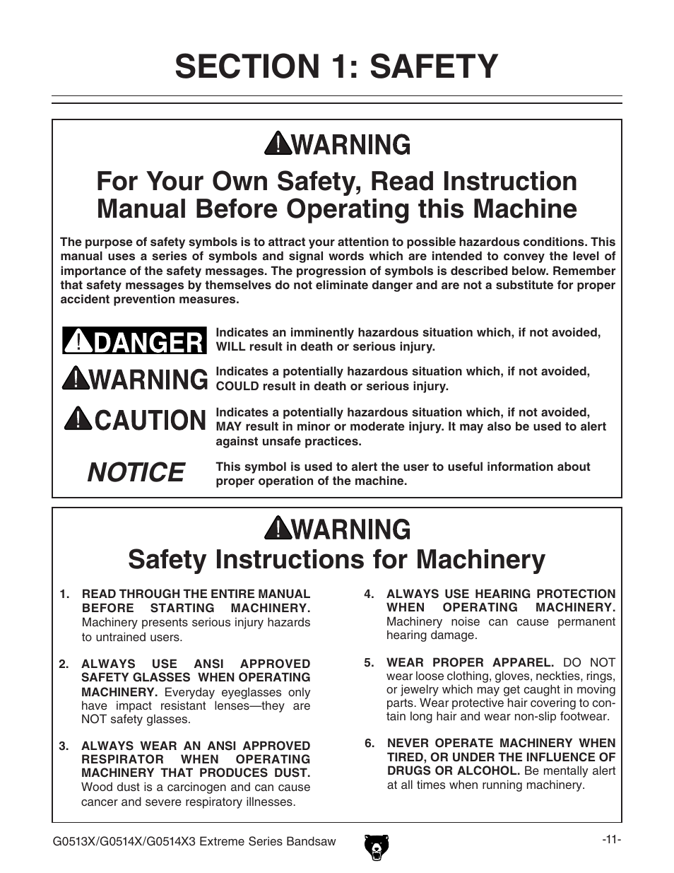 Notice safety instructions for machinery | Grizzly G0513X User Manual | Page 13 / 76