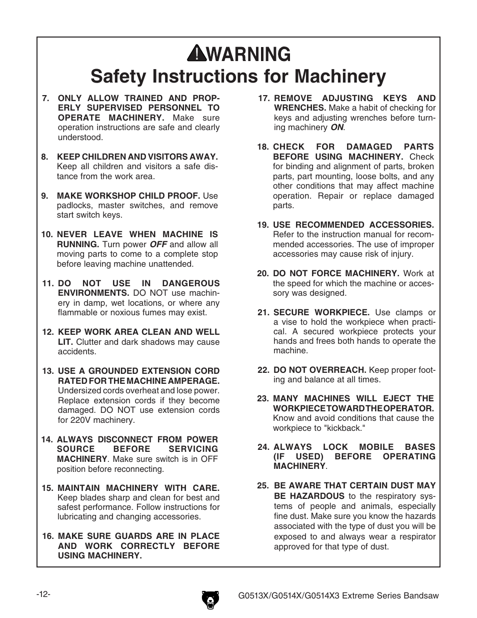 Safety instructions for machinery | Grizzly G0513X User Manual | Page 14 / 76