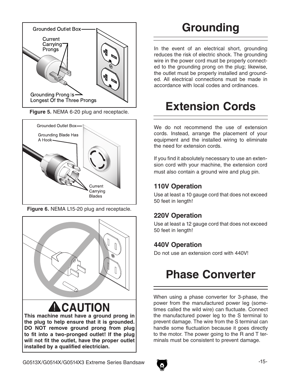 Extension cords grounding, Phase converter | Grizzly G0513X User Manual | Page 17 / 76