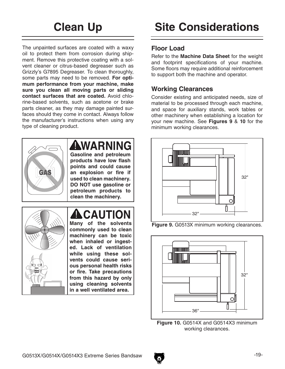 Site considerations, Clean up | Grizzly G0513X User Manual | Page 21 / 76