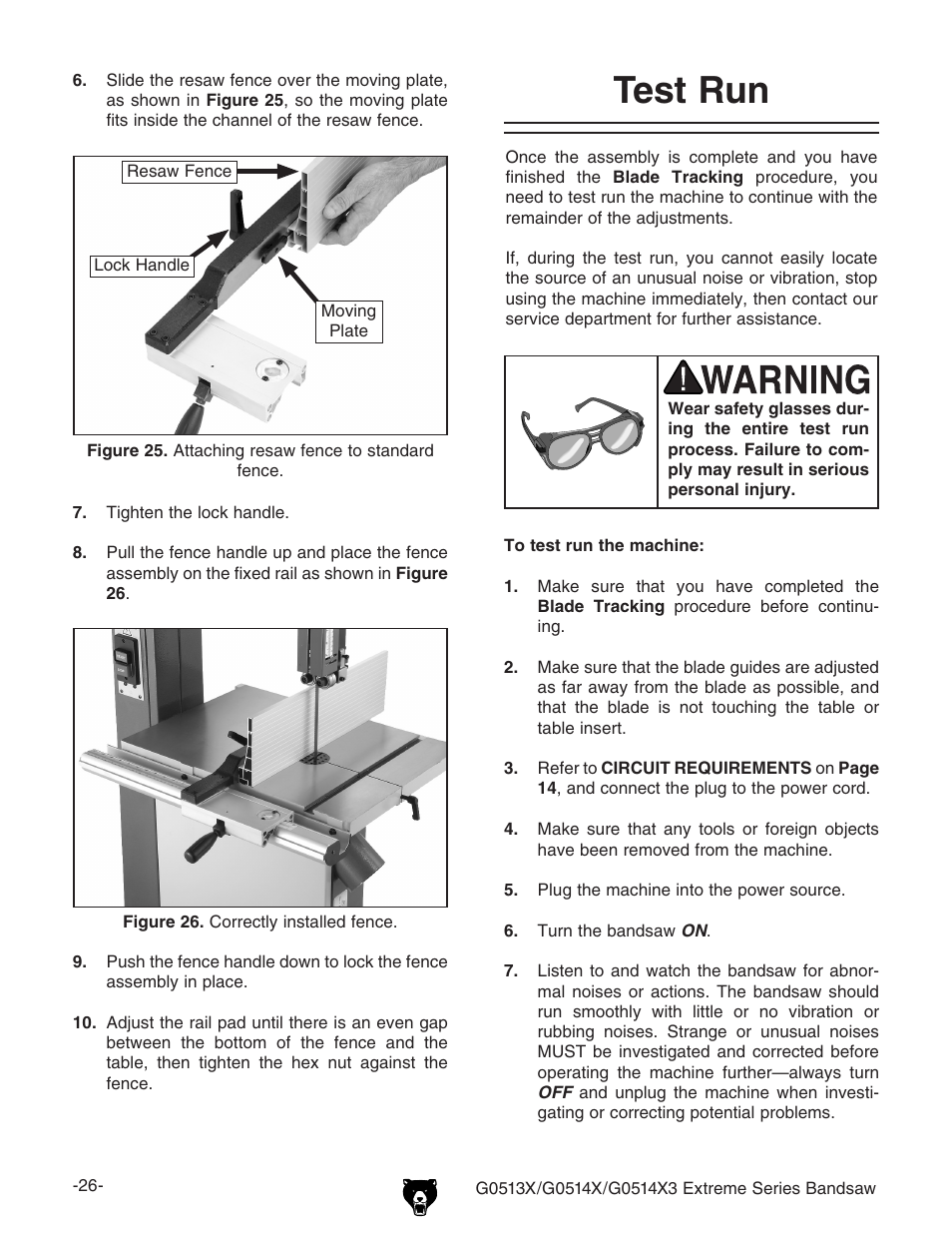 Test run | Grizzly G0513X User Manual | Page 28 / 76
