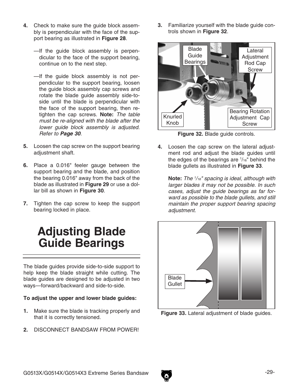 Adjusting blade guide bearings | Grizzly G0513X User Manual | Page 31 / 76