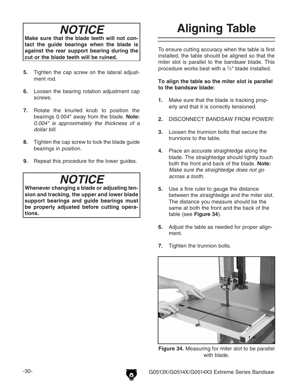 Notice, Aligning table | Grizzly G0513X User Manual | Page 32 / 76
