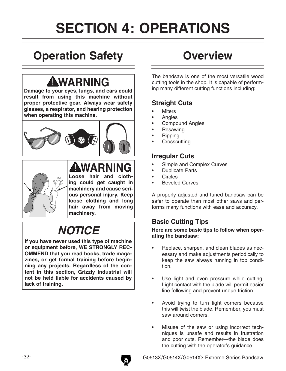 Operation safety, Notice, Overview | Grizzly G0513X User Manual | Page 34 / 76