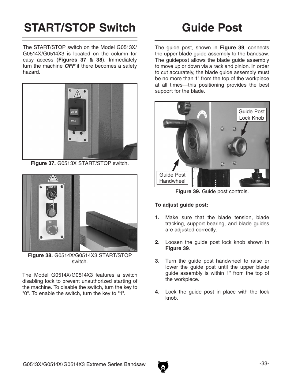 Start/stop switch, Guide post | Grizzly G0513X User Manual | Page 35 / 76